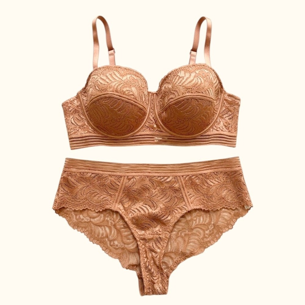 Lace Longline Bra 40D and Panty Set Copper Bronze Floral Underwire 2x
